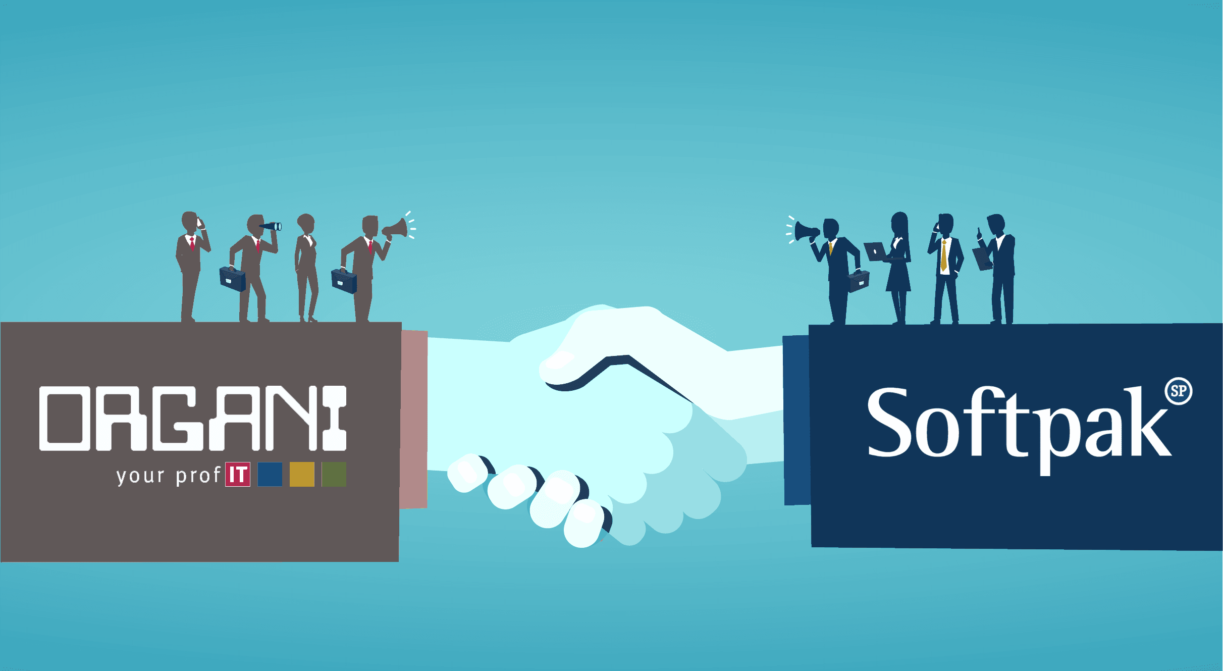 Illustration of the companies Organi and Softpak shaking hands